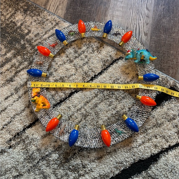 Christmas holiday wreath homemade handmade blue orange bulbs dinosaurs kids 18” - Picture 6 of 6